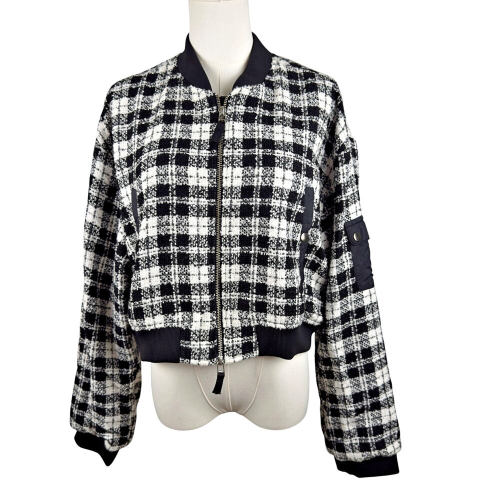 Anthropologie Maeve Black White Plaid Cropped Tweed Bomber Jacket LARGE - Picture 3 of 12
